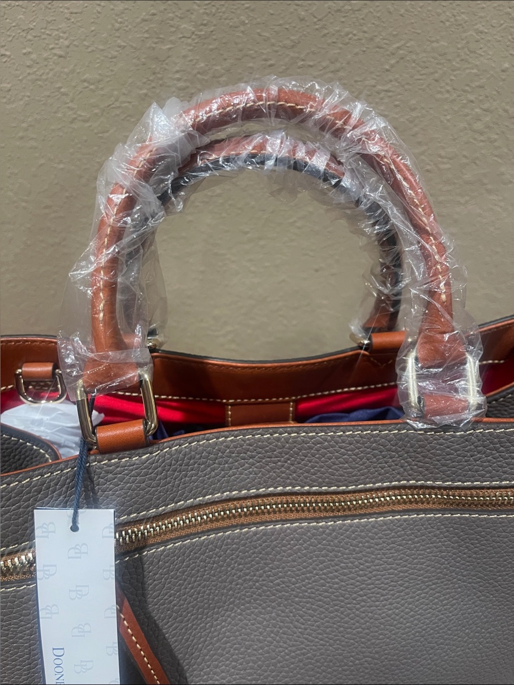 NWT Dooney & Bourke Gray Pebble Leather Briefcase Tote with Brown Trim - Picture 4 of 10